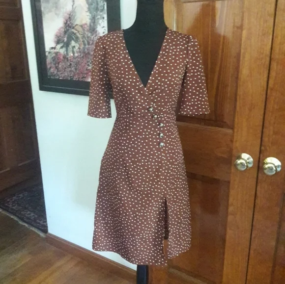 Romantic Vintage French Inspired Polkadot Wrap Dress Chocolate Brown 40s Size XS - Picture 2 of 11